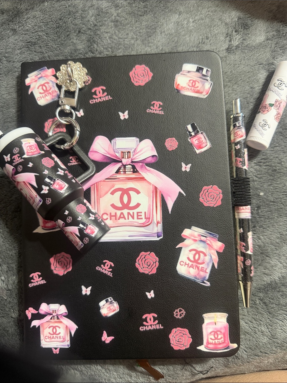 Black & pink journal with Pink Perfume Motif, matching pen & mini Stanley cup